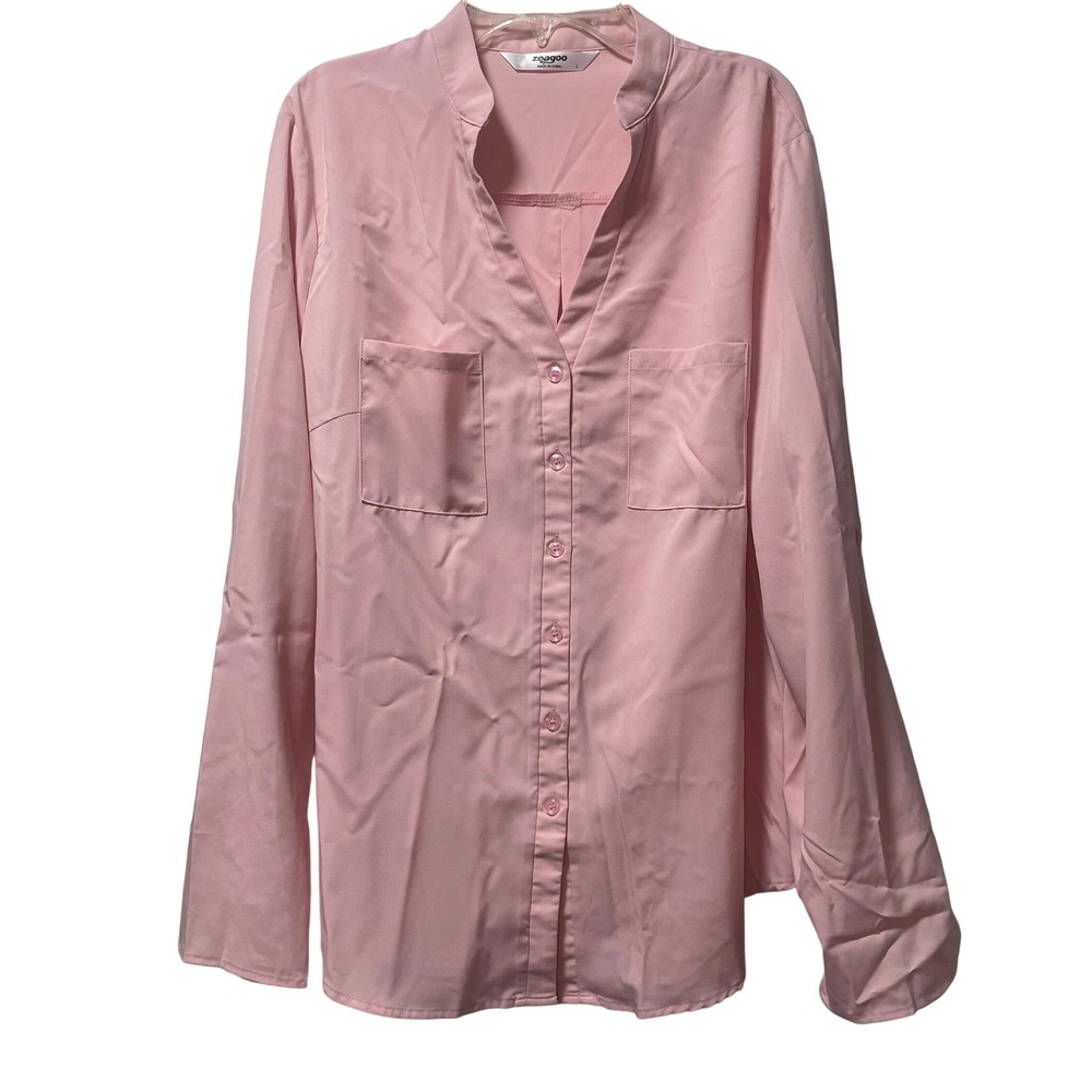Zeagoo‎ Womens Pink Roll Tab Sleeve Button Up Blouse V-Neck Pocket Top Large